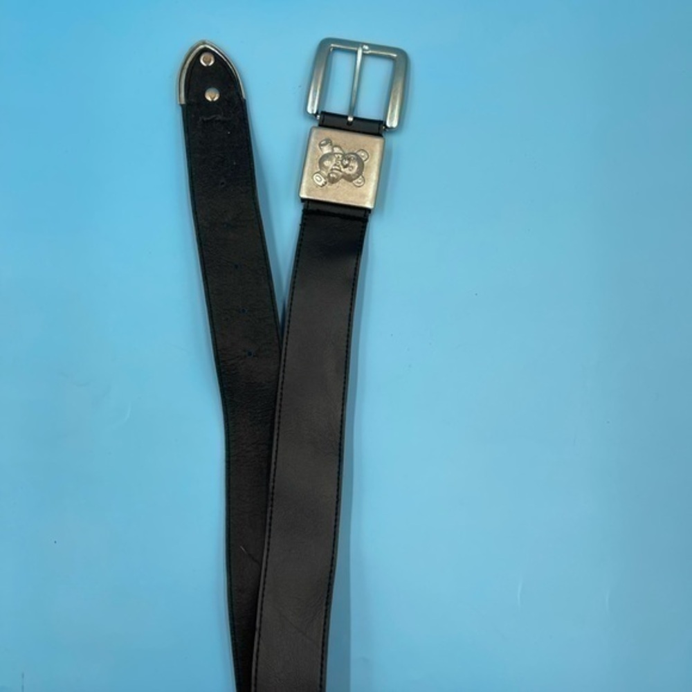 Vintage Teddy Bear Engraved Buckle Black Leather Belt
